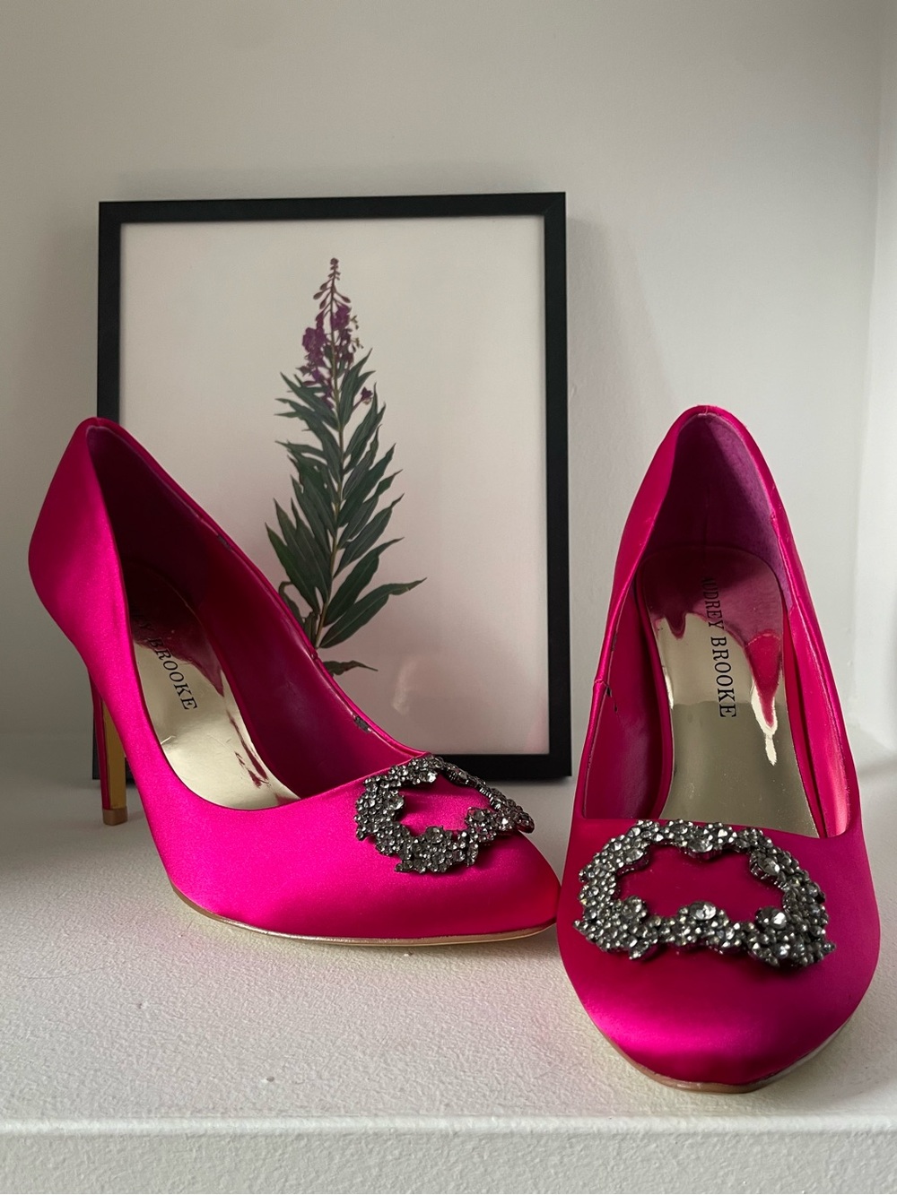 Audrey Brooke Fuchsia Pink Satin Crystal Buckle Pointed Toe Pumps | Size 8